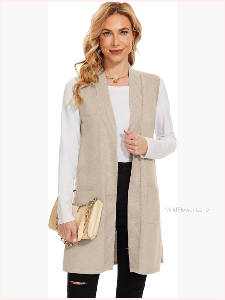 Long Sleeveless Open Front Cardigan Vest With Pockets